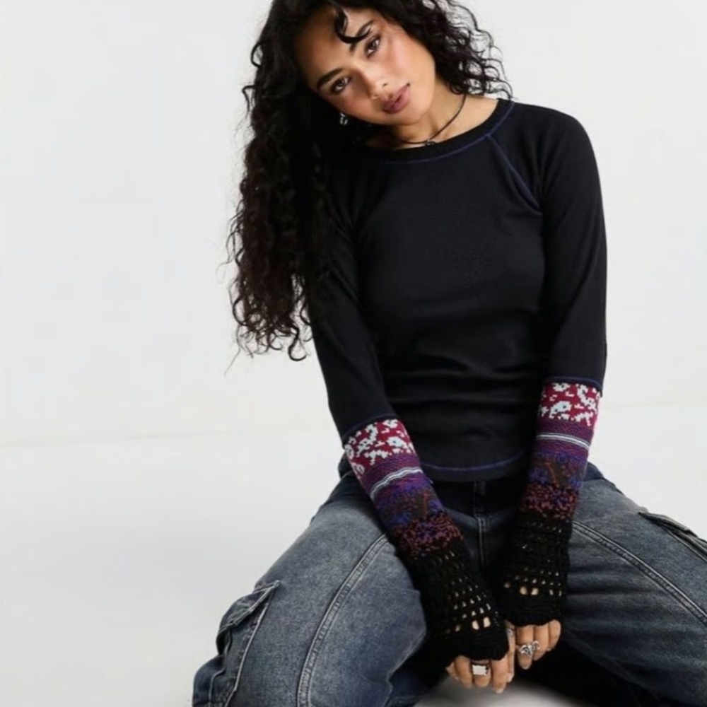 NWT Free People In The Mix Black Thermal Top with Crochet Sleeves